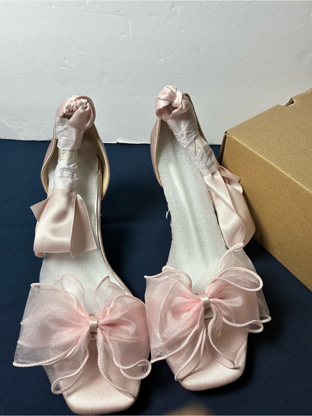 Pink Satin Bow Open-Toe Heels with Organza Bows